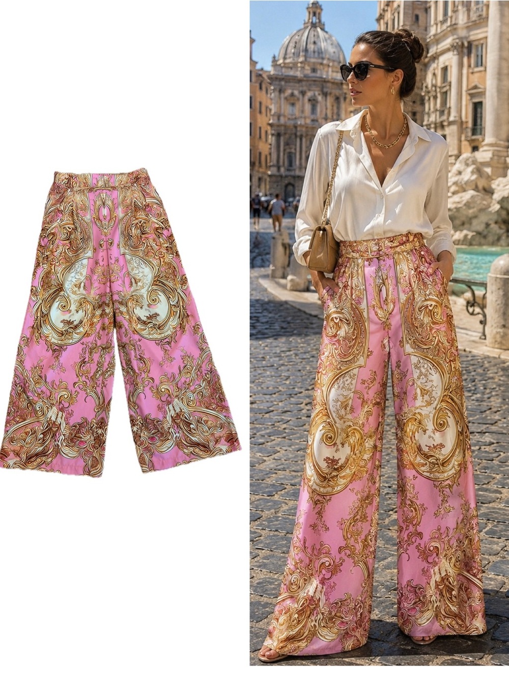 Pink & Gold Baroque Print Straight Leg pyjama Pants Resort Vacation Sz M
